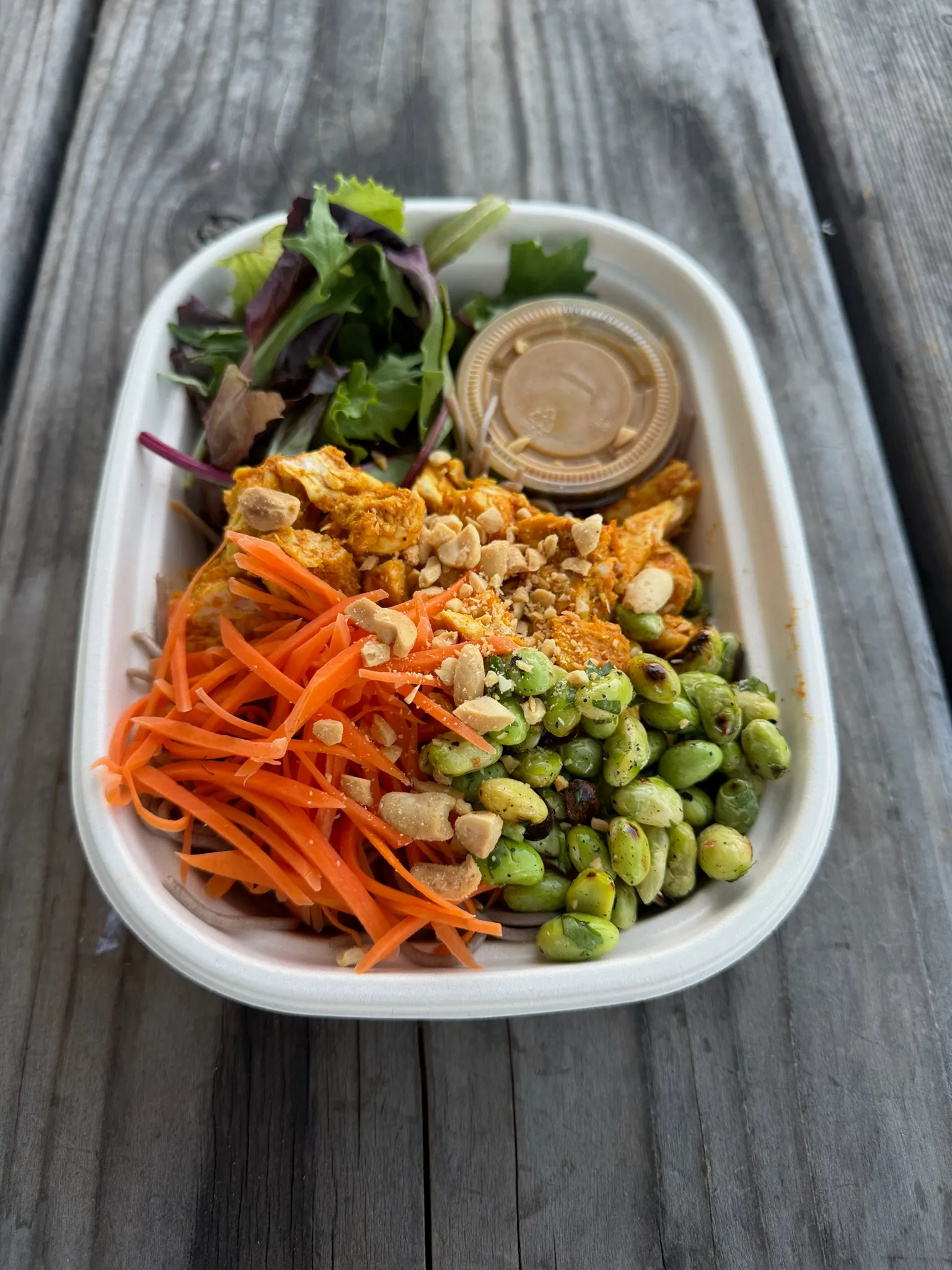 Wylde Provisions bowl with shredded carrot, spiced chicken, peanuts, and edamame